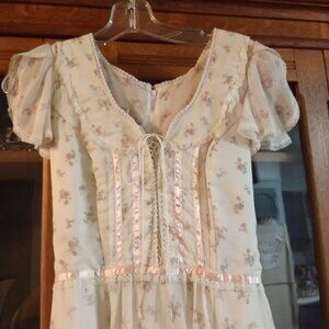Vintage 1970s Gunne Sax Jessica Cream And Pink Floral Prairie Maxi Dress Size 7